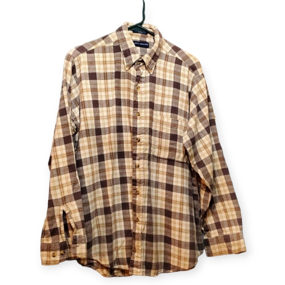 VTG John Ashford Brown Flannel Plaid Buttons Down Shirt Cotton Longsleeved Top L